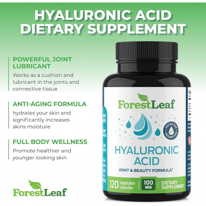 ForestLeaf - Hyaluronic Acid Supplements - 120 Vegetable Capsules - 100mg Dietary Hyaluronic Acid + 50mg Vitamin C Joint & Anti Aging Beauty Formula - Supports Skin Hydration, Joints, Bones & Hair