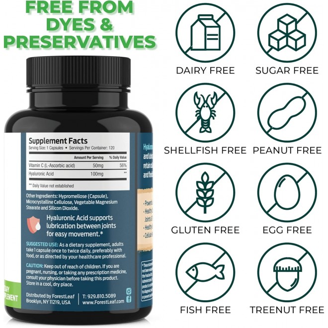 ForestLeaf - Hyaluronic Acid Supplements - 120 Vegetable Capsules - 100mg Dietary Hyaluronic Acid + 50mg Vitamin C Joint & Anti Aging Beauty Formula - Supports Skin Hydration, Joints, Bones & Hair