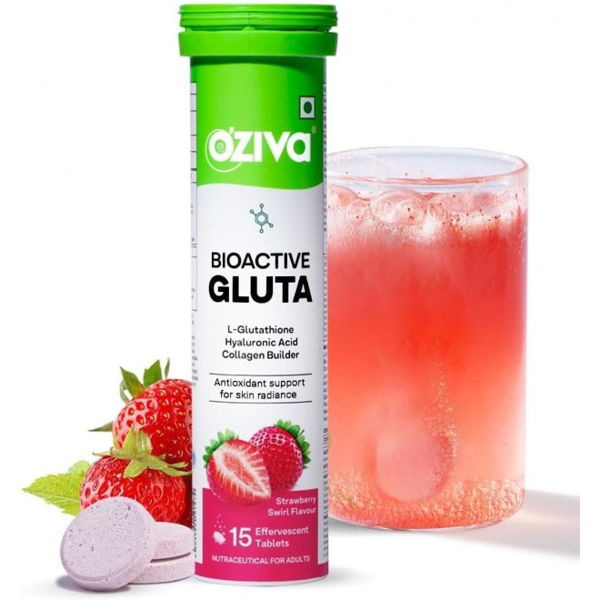 O'Ziva Bioactive Gluta Fizzy - 15 Effervescent Tablets (Pack of 1) | L-Glutathione, Hyaluronic Acid, Astaxanthin, Lycopene | Strawberry Swirl