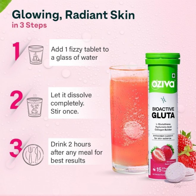 O'Ziva Bioactive Gluta Fizzy - 15 Effervescent Tablets (Pack of 1) | L-Glutathione, Hyaluronic Acid, Astaxanthin, Lycopene | Strawberry Swirl