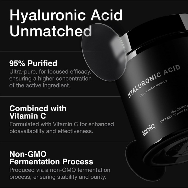 Ultra High Purity Hyaluronic Acid Capsules - 95%+ Highly Purified and Highly Bioavailable - 275mg Formula - Non-GMO Fermentation - High Strength with Vitamin C - 180 Capsules